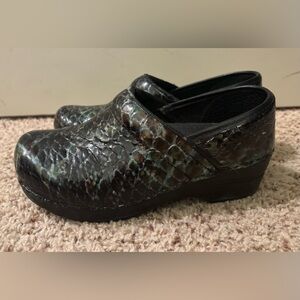 Danita Leather Snake Print Clogs, Blue/Green/Black, Size 36